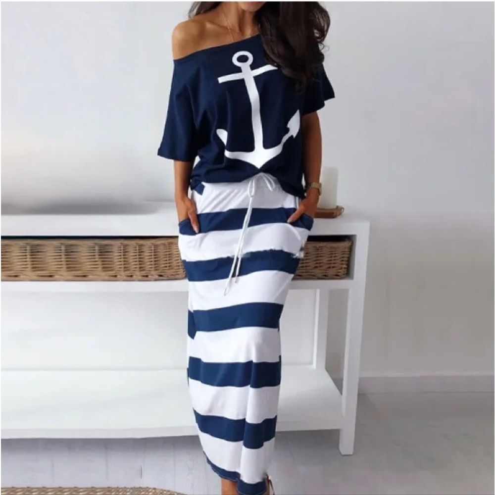 Women Ladies Casual Sailor Top Ruffle Long Maxi Dress Skirt Set Summer Sundress